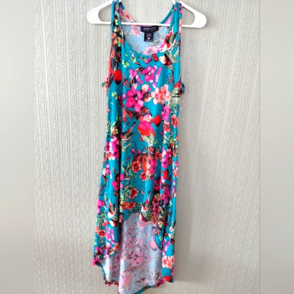 Nwt!! Floral Teal Dress Parrott Bird Flowy Spring Summer Casual Light Weight